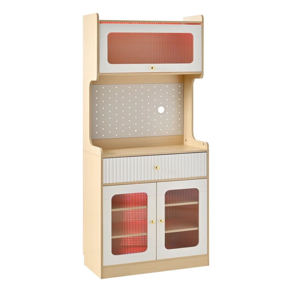Credenza alta con LED, 1 cassetto, ripiani regolabili e anta a ribalta, per cucina e soggiorno, 80 × 40 × 180 cm
