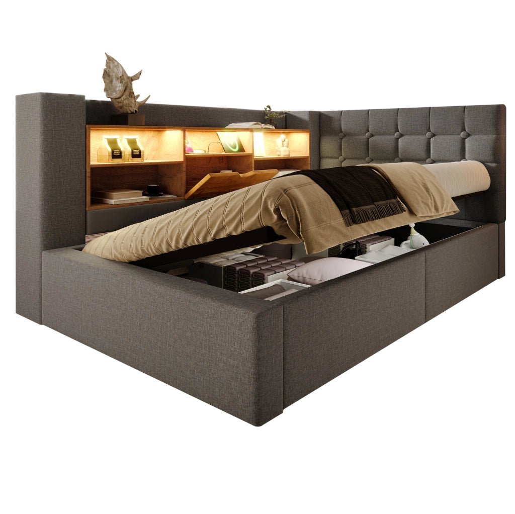 Letto singolo 90x200 cm con LED; contenitore idraulico e materasso; grigio