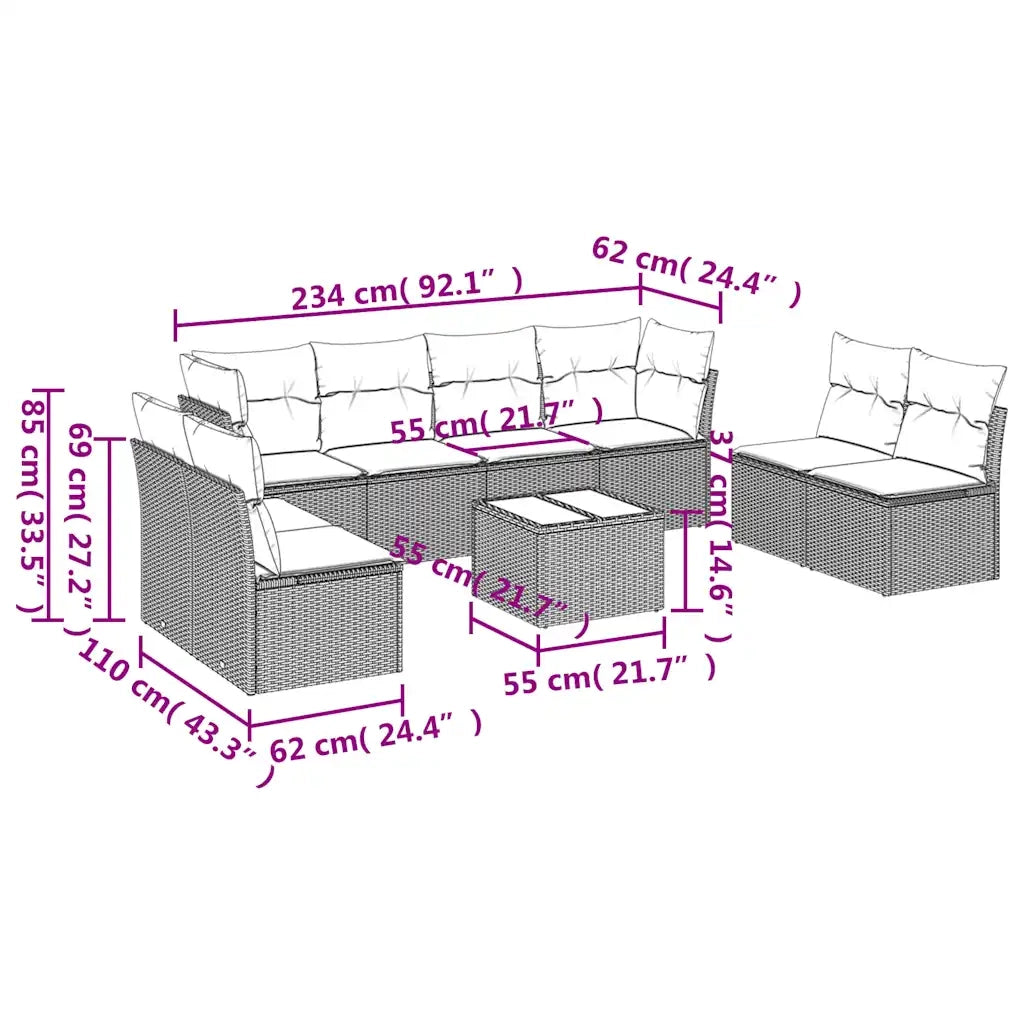 Set Divani da Giardino 9pz con Cuscini Marrone in Polyrattan 3249302