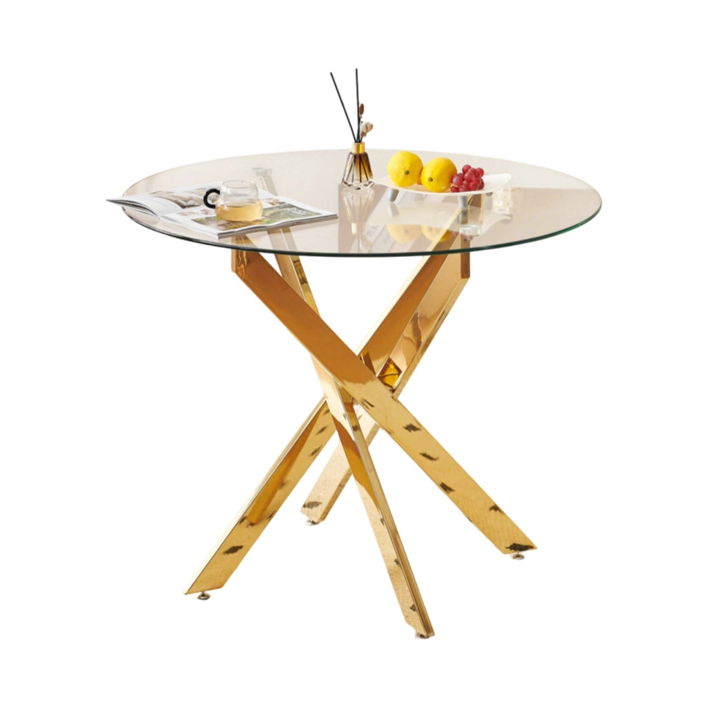 Tavolo da pranzo rotondo in vetro e metallo color oro, design moderno per cucina e soggiorno