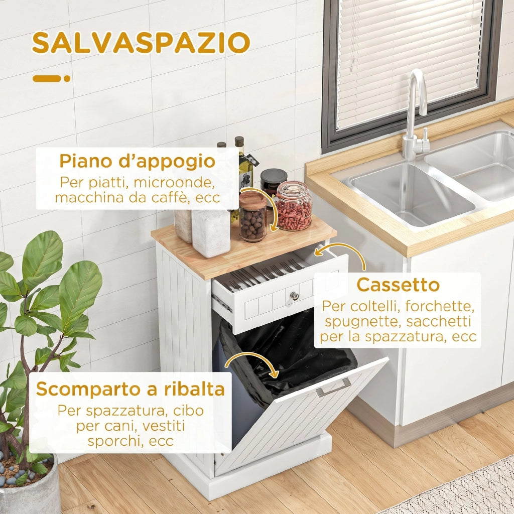 Credenza da Cucina 51x33,5x90 cm con Supporto per Bidoni della Spazzatura da 38 Litri in MDF Bianco