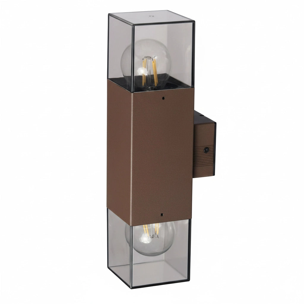 Applique da Esterno Up & Down IP44 – Lampada da Parete Biemissione Marrone con Attacco E27, Diffusore in Acrilico Trasparente, Lampadine non incluse