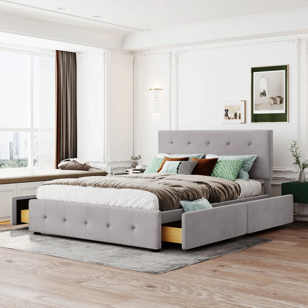 Letto con Cassetti; Contenitore - 4 Cassetti; Struttura in Acciaio e Tessuto - Grigio