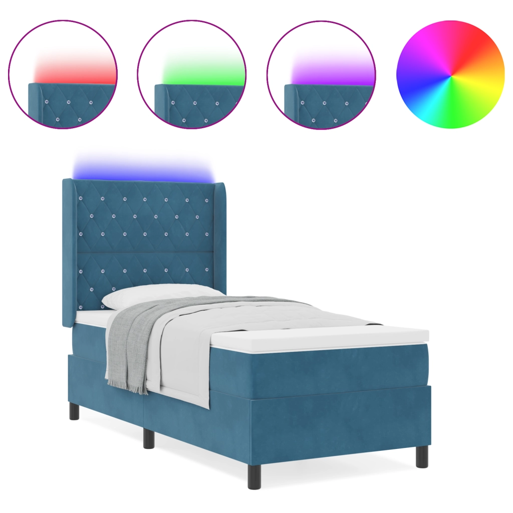 Letto Box Spring con Materasso e LED Blu Scuro 90x200 cm Velluto