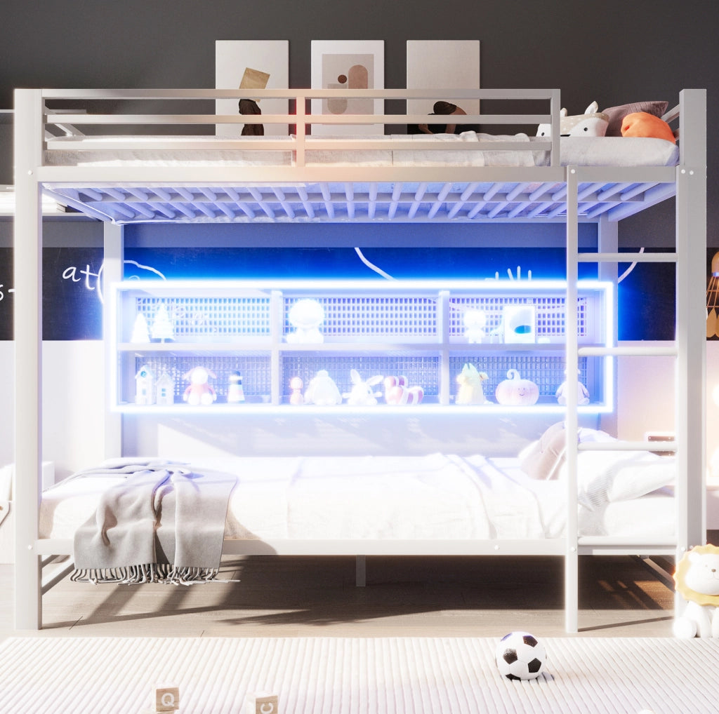Letto a castello in metallo 140x200 cm con 6 armadietti e LED; bianco