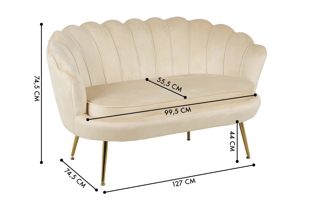 Divano Due 2 Posti In Velluto Forma Conchiglia Gambe In Metallo 133x63x75 Cm Camera Soggiorno Ufficio  Beige