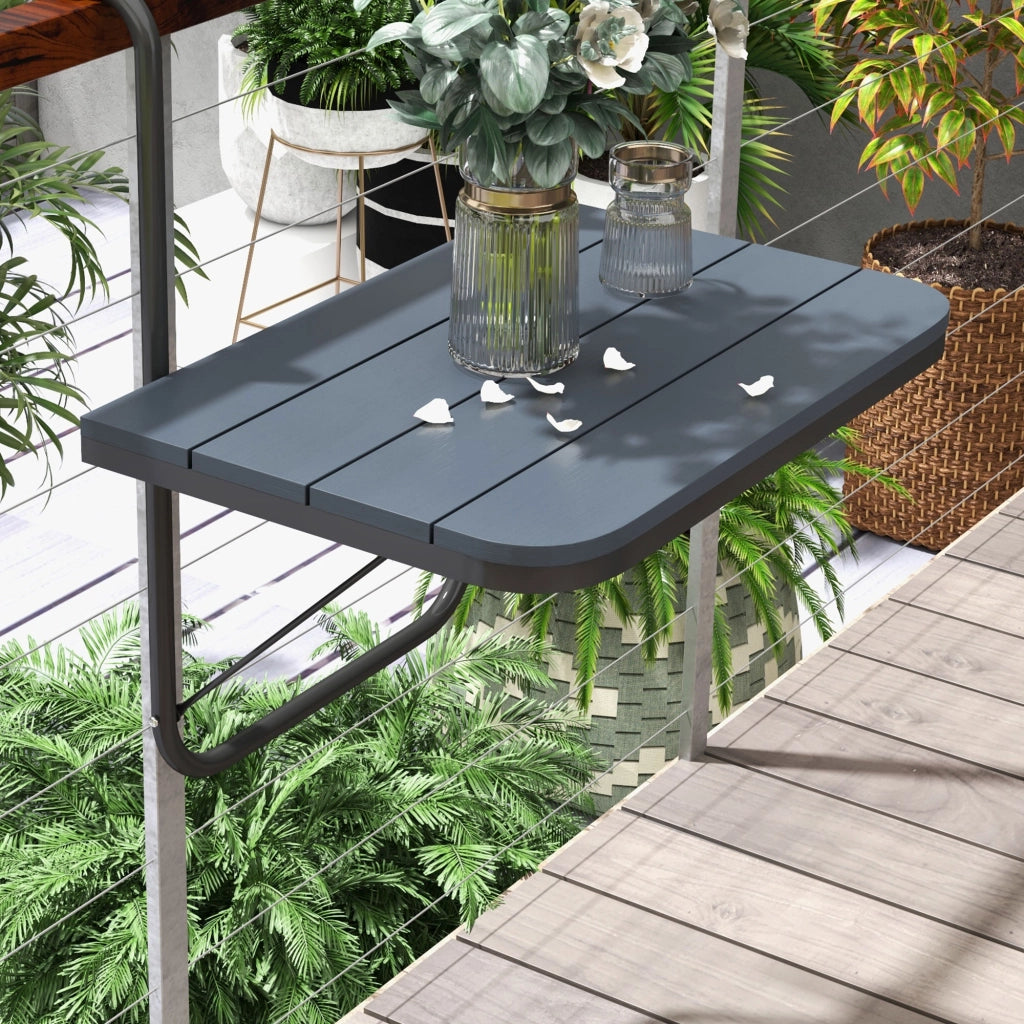 Tavolino da Balcone Pieghevole e Regolabile, in Alluminio e Legno Composito, 60x40x55-64 cm, Nero