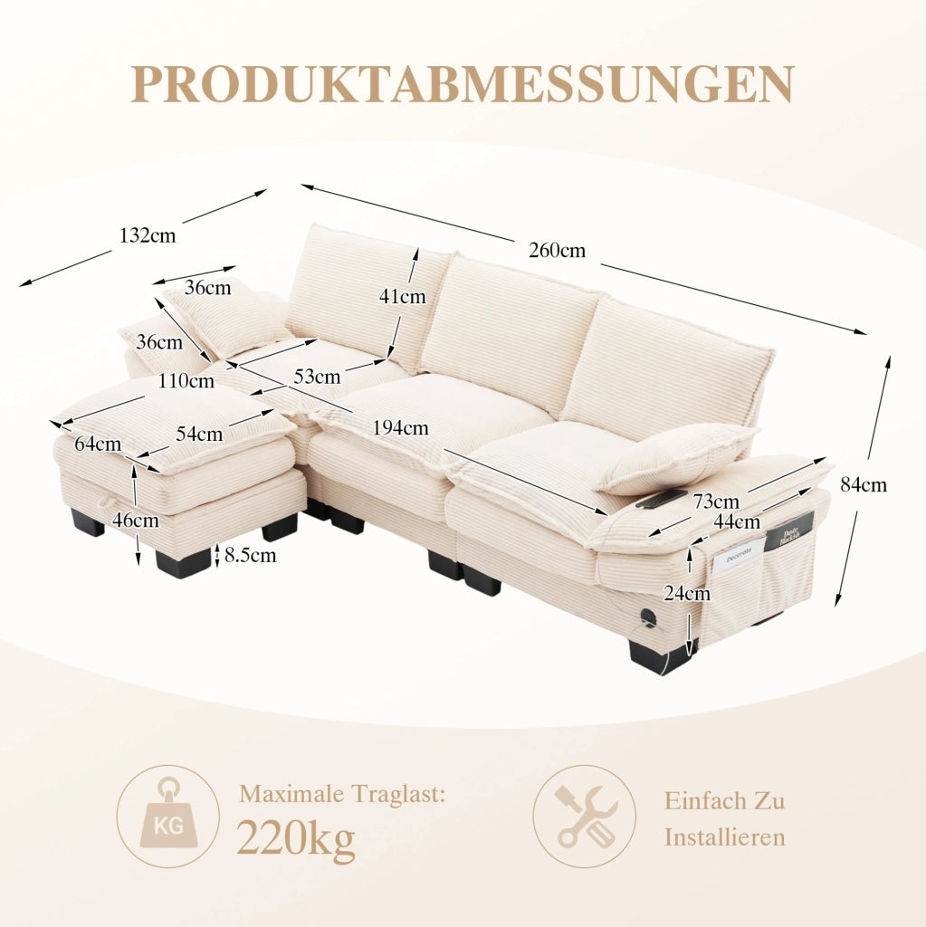 Divano modulare 3 posti con pouf contenitore in corduroy beige; 260 cm; con USB-C