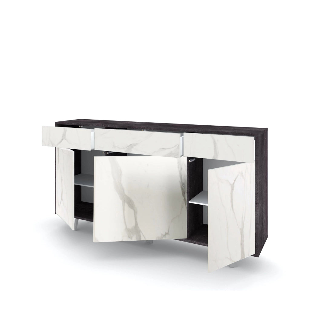Credenza 3 ante/3 cassetti VELBRUK nero pietra/marmo calacatta