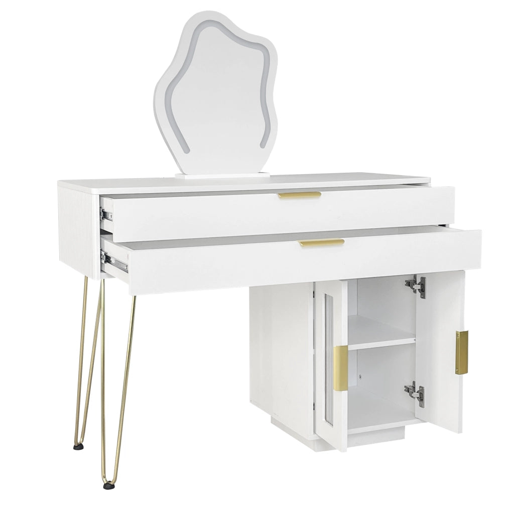 Toeletta bianca con specchio LED a 3 luci, due cassetti e design scorrevole