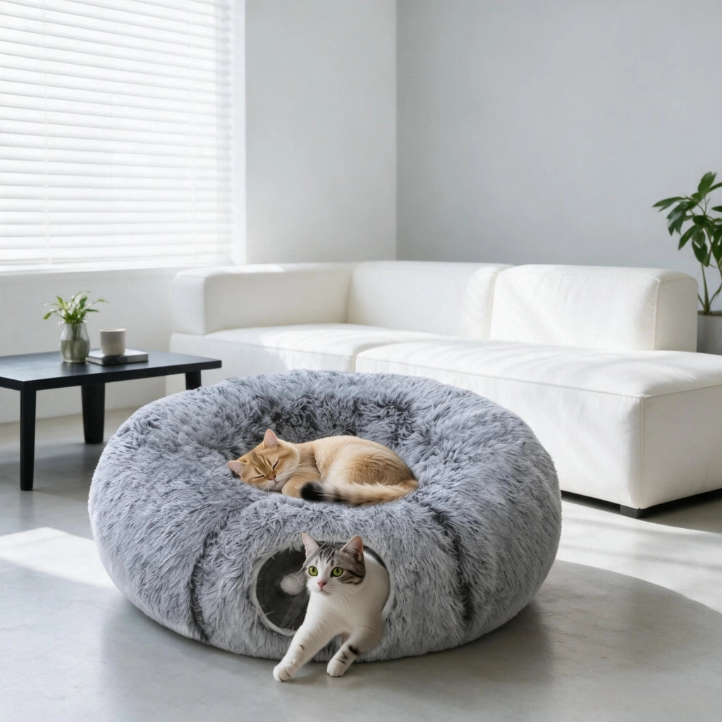 Tunnel per gatti da interno combinato con cuccia a forma di ciambella e cuscino rotondo rimovibile e lavabile.