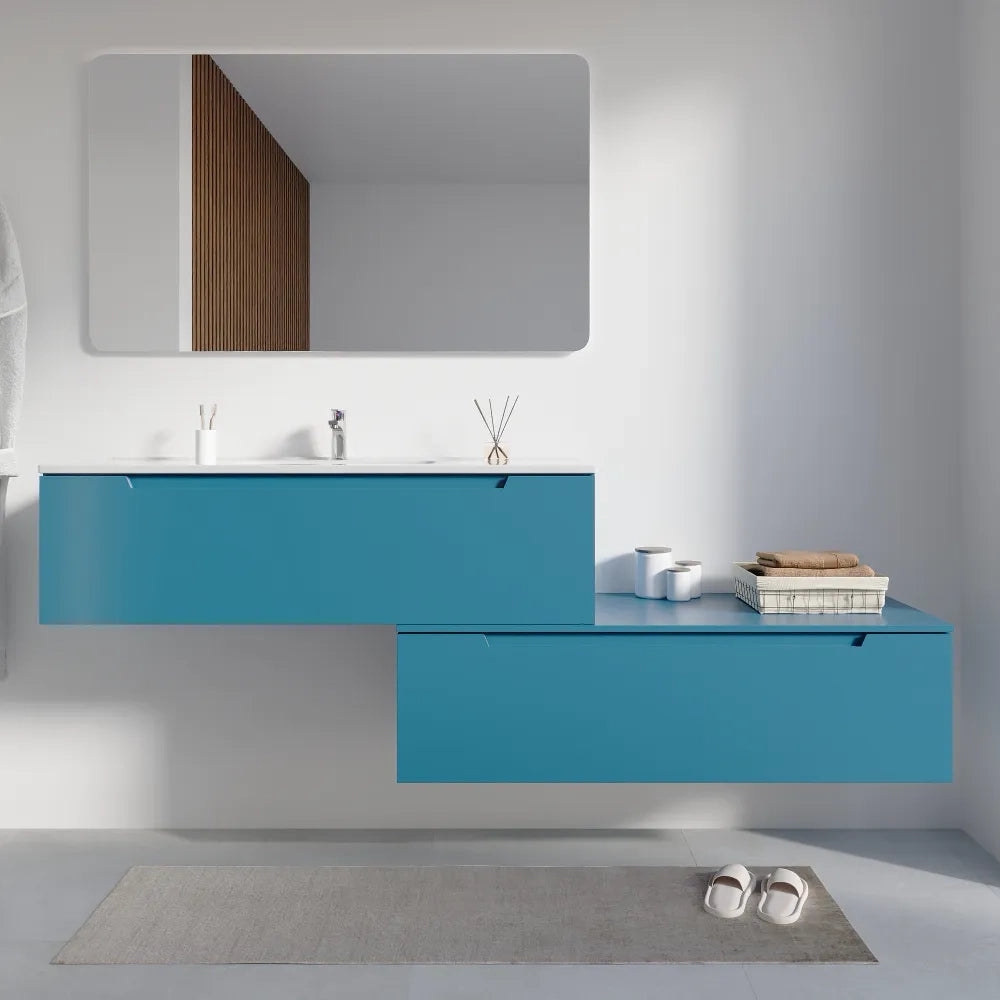 Mobile bagno sospeso modulare 100 cm dusk blue opaco due cassetti con lavabo | Bako