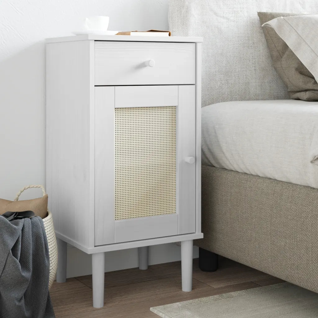 Comodino SENJA Aspetto Rattan Bianco 40x35x80 cm in Legno Pino 358017