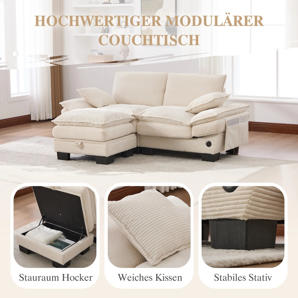 Divano modulare 2 posti in corduroy con pouf, seduta ergonomica, porta USB-C, tasche laterali e cuscini beige