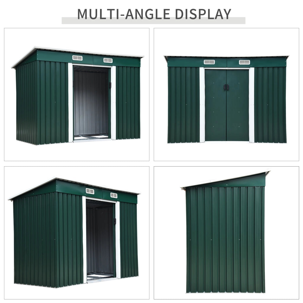 EasyComfort Capanno da Giardino con 2 Porte Scorrevoli e Tetto Inclinato in Lamiera d'Acciaio, 261x133x182cm, Verde