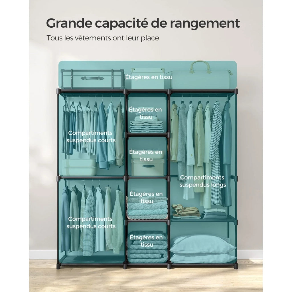 Armadio appendiabiti 43 x 138 x 182 cm 3 scomparti appendiabiti con ripiani grande capacità per camera da letto per adulti camera da letto per bambini soggiorno spogliatoio nero 12_0003978