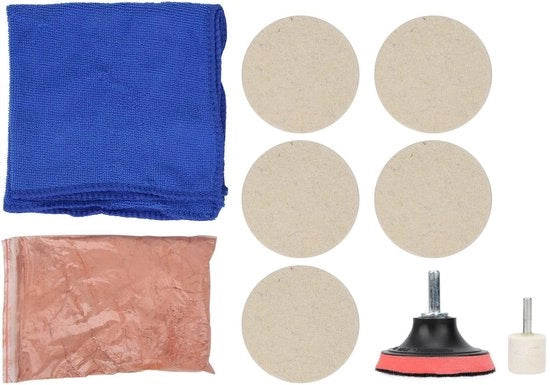 Kit di pulizia vetro 100 g - Set di pulitori vetro - Panno di lana per pulire vetro - Disco di pulizia vetro - Ruota di lana per pulire vetro - Asciugamano per vetri auto - Liquido di pulizia vetro