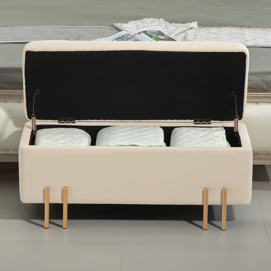 Panca contenitore con seduta imbottita e struttura in legno e metallo per ingresso soggiorno camera da letto beige 100 × 40 × 42 cm