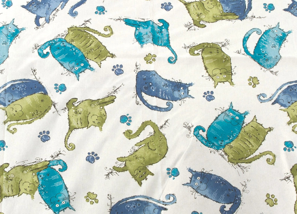 Completo Lenzuola Letto 100% Cotone Disegno Gatti Animali Micio Colorato Mod RP Made In Italy - 2 Piazze - Blu