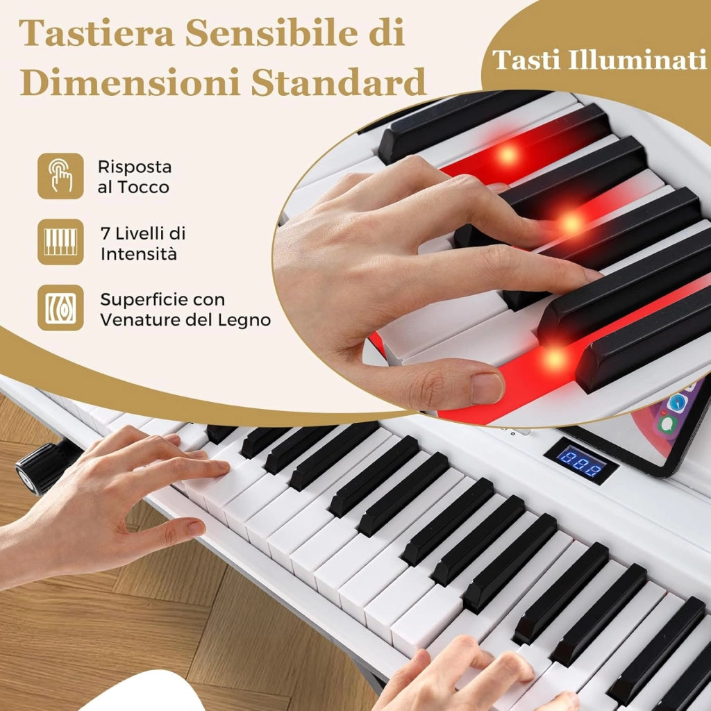 Tastiera Pianoforte Elettrico a 88 Tasti, Piano Digitale con Supporto e Sgabello Regolabili, Tastiera Sensibile, Tasti e Pulsanti Illuminati, Funzione MIDI, Pedale di Sustain, Cuffie (Bianco)