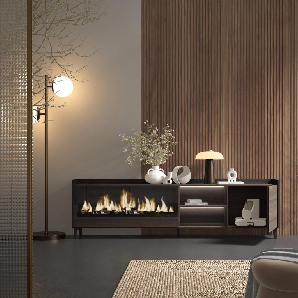 Mobile TV Soggiorno, 212x61x35 cm, Per TV fino a 80", Camino elettrico XXL, Design industriale, LED, Rovere scuro e Nero