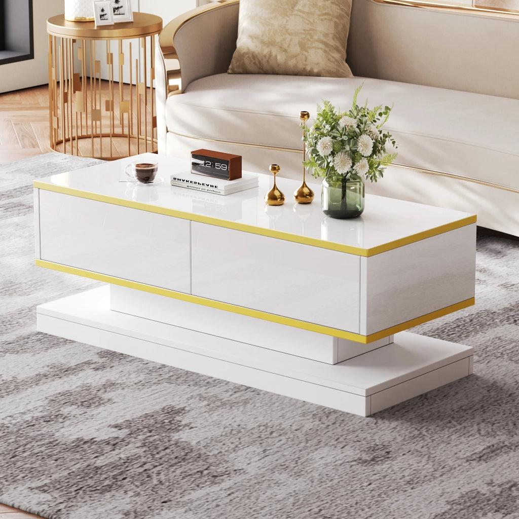 TAVOLINO DA SALOTTO 100 x 50 x 38 cm Bianco caldo con bordi oro e 2 cassetti