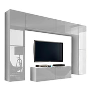 Set di mobili da soggiorno bianchi sospesi collezione CEPTO III 256cm, 8 porte, 8 scaffali, led, modulari.