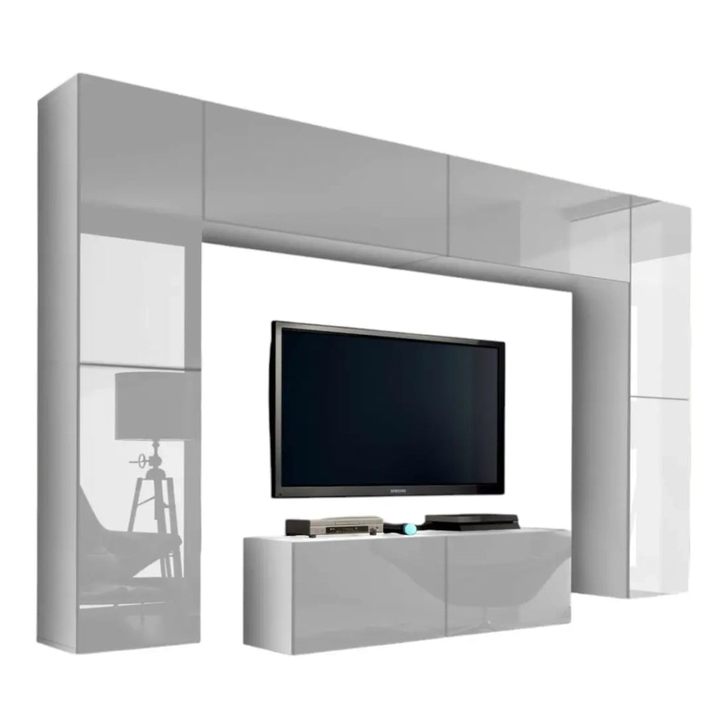 Set di mobili da soggiorno bianchi sospesi collezione CEPTO III 256cm, 8 porte, 8 scaffali, led, modulari.