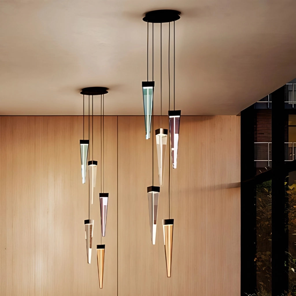 Stalactite Lampada a Sospensione LED Design Piramidale Vetro Bluino con Struttura in Nickel Nero Lucido, Doppia Sorgente Luminosa, 12W, CRI 80