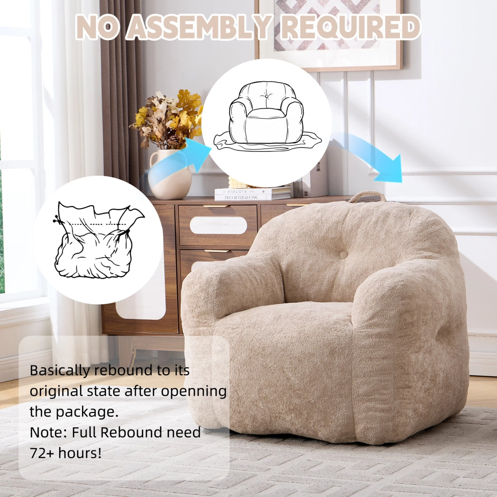 Pouf poltrona ergonomico con schienale avvolgente e braccioli per salotto e lettura in pelliccia sintetica beige
