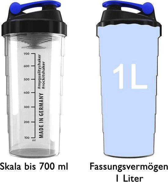 Shaker per proteine 1000 ml - assicurato senza fuoriuscita - privo di BPA - sistema di miscelazione brevettato - shaker per proteine fitness - blu