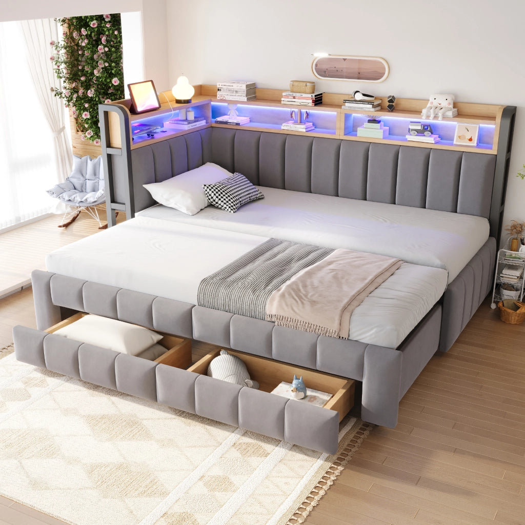 Letto imbottito trasformabile 90x200 cm in 180x200 cm con contenitore, LED, USB e Type-C, velluto grigio chiaro