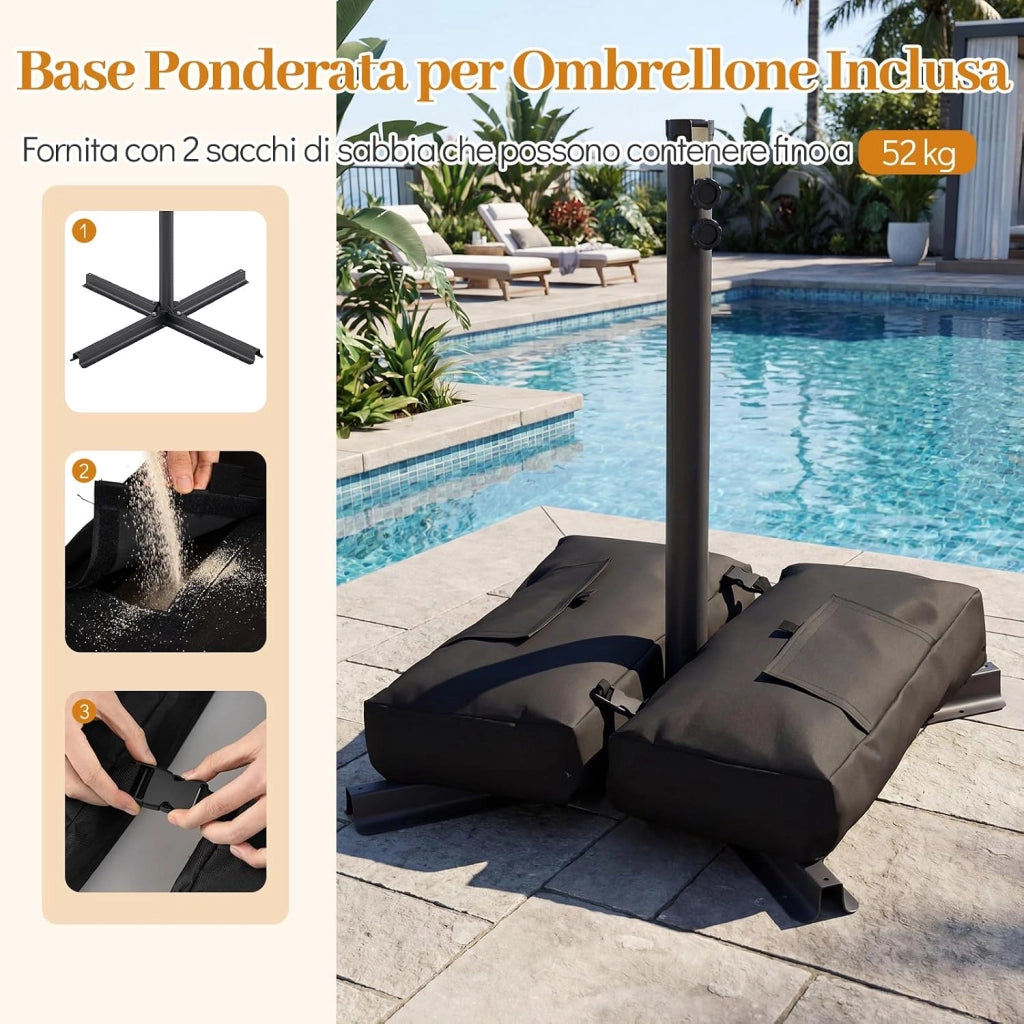 Ombrellone da Giardino 250 cm, Tettuccio Girevole e Ventilato | Protezione Solare, Resistente, Portatile, Sacchi di Sabbia, per Balcone, Esterno, Spiaggia (Grigio, 0 Luce LED)