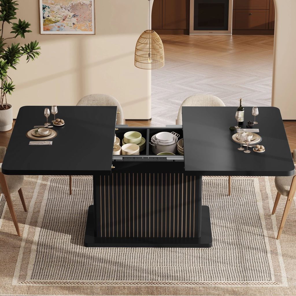 Tavolo da pranzo allungabile 120-160 cm con contenitore; MDF e metallo; nero