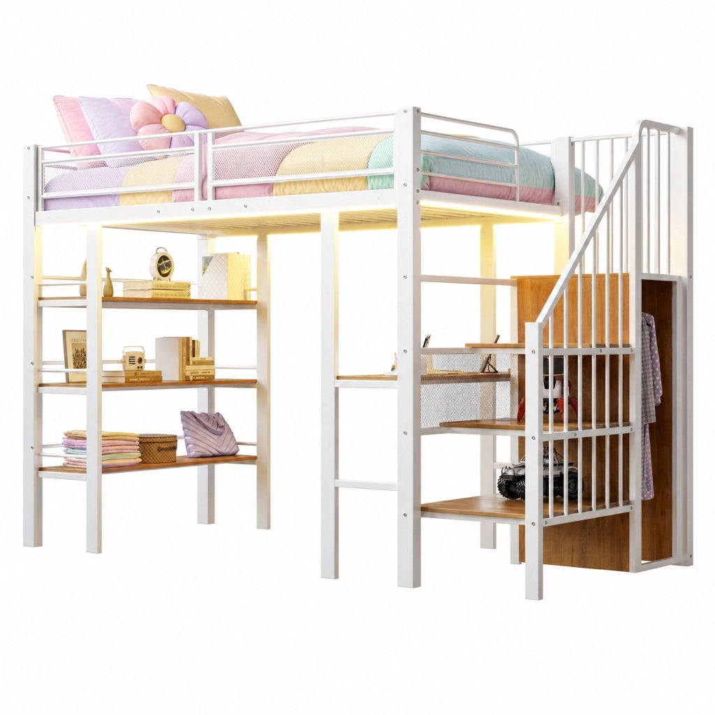 Letto a soppalco 90x200 cm in metallo bianco con scrivania; LED; mensole e armadio