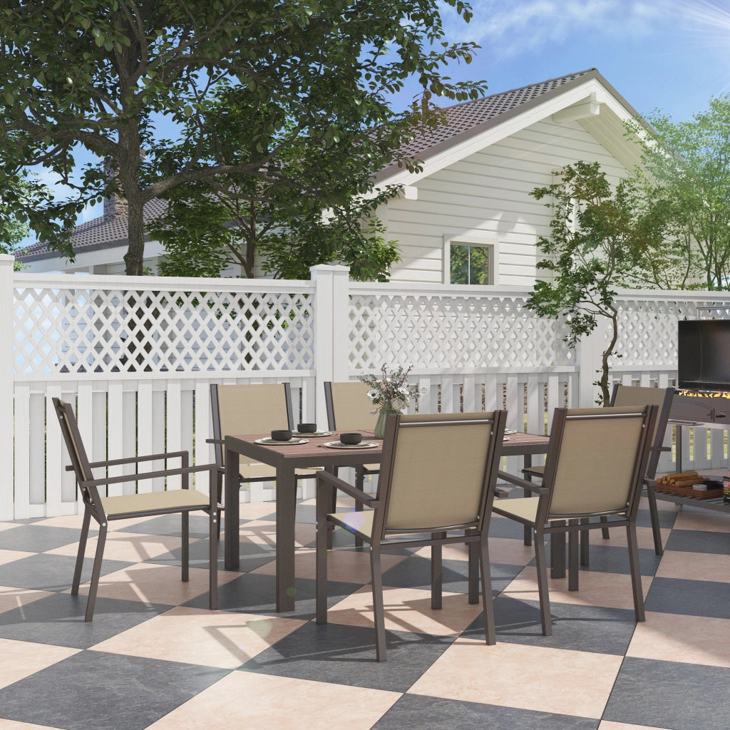 Set da Giardino 7 Pezzi in Polipropilene con 6 Sedie Impilabili e Tavolo Rettangolare ¨C zephmum ¨C Kaki e Marrone