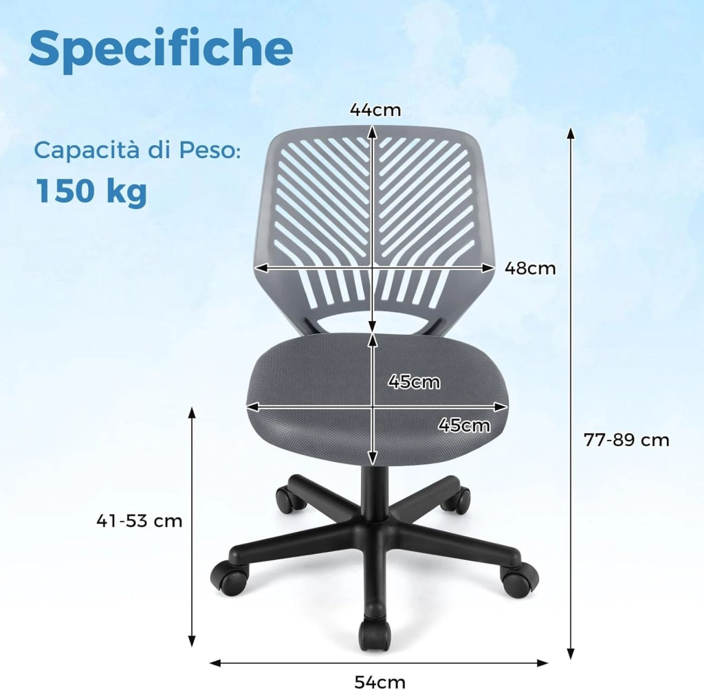 Sedia da Scrivania Ergonomica per Bambini, Sedia per Computer in Rete per Bambini con Ruote Universali, Regolabile in Altezza, Senza Braccioli, Sedia da Studio per Bambini(Grigio)