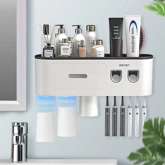 Tappo per spazzola da denti, tappo da parete per spazzola da denti con rilascio automatico di dentifricio doppio per bambini e adulti, 6 fessure per spazzole, 3 coperchi magnetici, nero