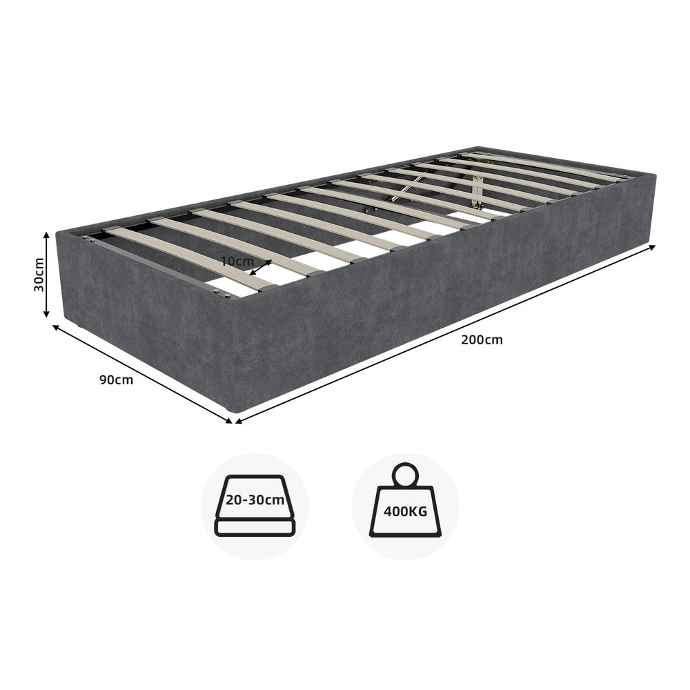 Letto Contenitore Imbottito ¨C MINIMAL ¨C Grigio, Velluto, 90x200, Senza Testiera