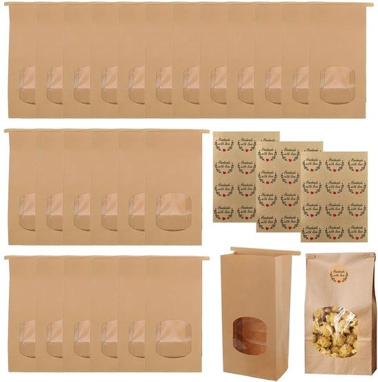 Confezioni in carta 50 pezzi - Borse di carta marrone - Carta kraft con finestra - Ambientalmente compatibile - Confezioni per alimenti - 17 x 9 x 6 cm - Sacchetti di confezione