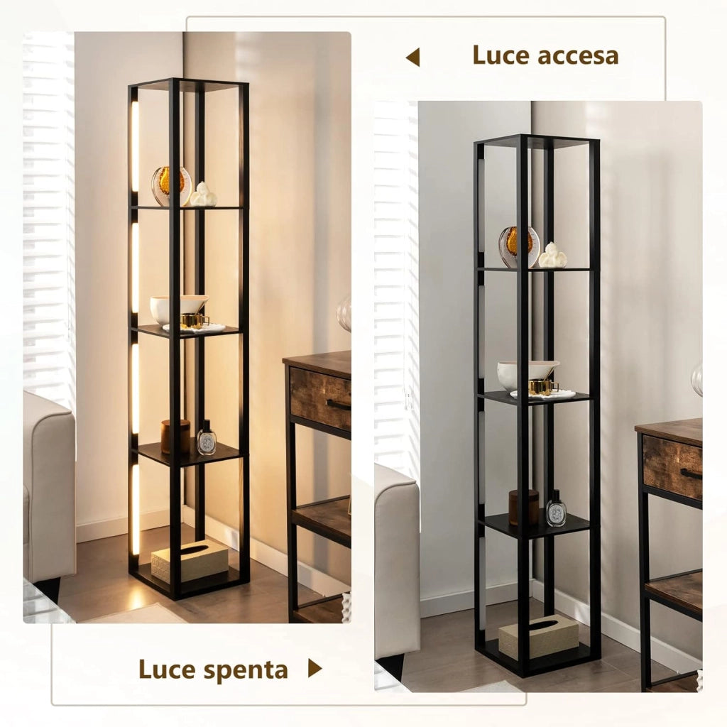 Lampada da Terra con Mensola, Lampadine LED Dimmerabili a 3 Livelli e Poli LED Ruotabili, Piantana Lampada da Terra per Soggiorno, Studio e Camera da Letto (Nero)