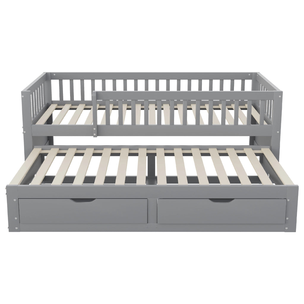 Letto estraibile singolo 90×200 cm con 2 cassetti; rete e barriera di sicurezza; senza materasso; legno; grigio