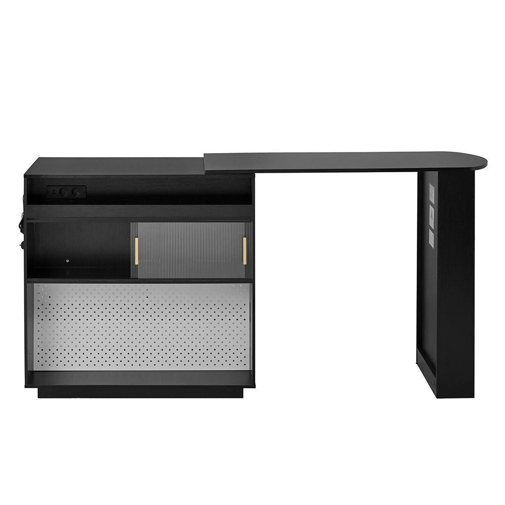 Tavolo bar estensibile girevole 360¡ã - Xylo - LED, spazio di archiviazione, buffet reversibile con pannello forato e prese elettriche, nero