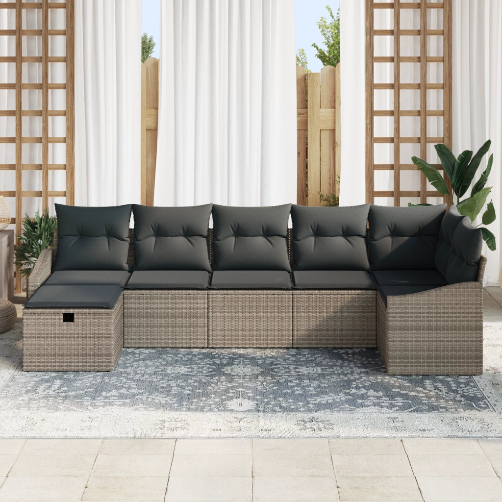Set di Divani da Giardino da 7 pezzi con Cuscini in Grigio Rattan Sintetico