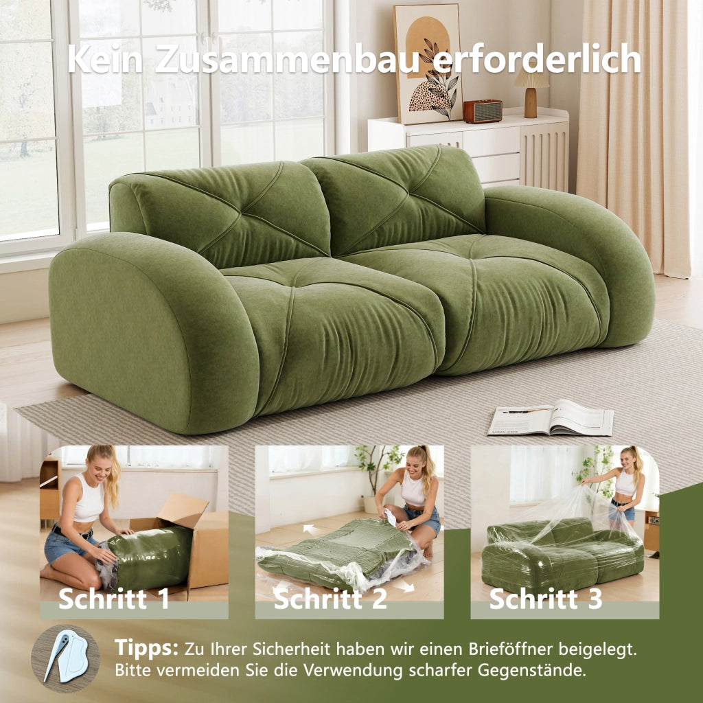 Divano modulare 2 posti senza struttura con schiuma 32D design antiscivolo in ciniglia verde 204 × 95 × 76 cm