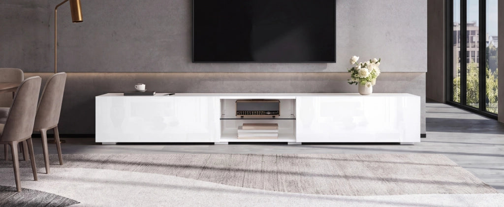 Mobile porta TV con LED controllata da app, 2 ante a ribalta e vano aperto, per soggiorno, bianco, 200 × 30 × 30 cm
