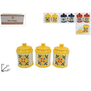 Trade Shop - Set 3 Pezzi Tris Barattoli Colorati In Ceramica Con Decoro Fantasia Maiolica -