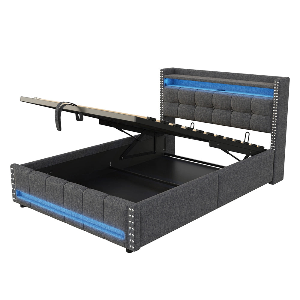 Letto imbottito con cassone - Xylo - 140x200cm - Grigio - Illuminazione LED e presa USB