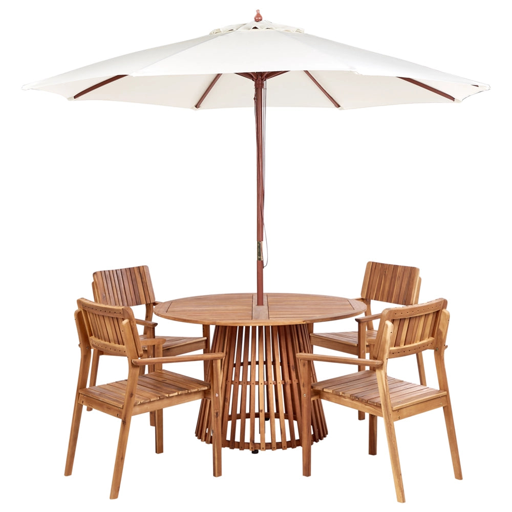Set da pranzo da giardino 5 pezzi Tavolo rotondo in legno d'acacia 4 sedie Ombrellone da esterno