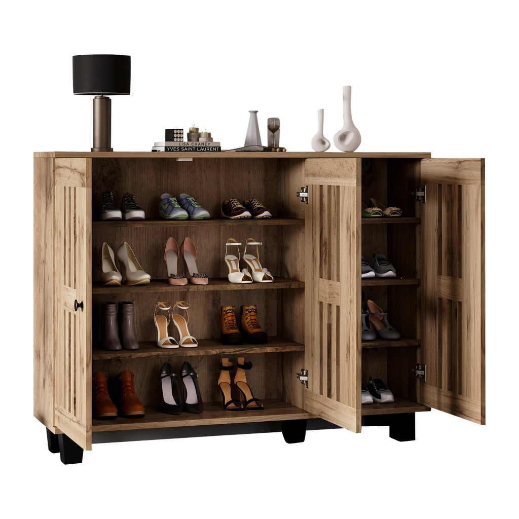 Credenza con 3 Ante a Listelli; 8 Vani e Piano d??Appoggio; Stile Naturale; in Pannelli di Particelle; 120??32??92 cm